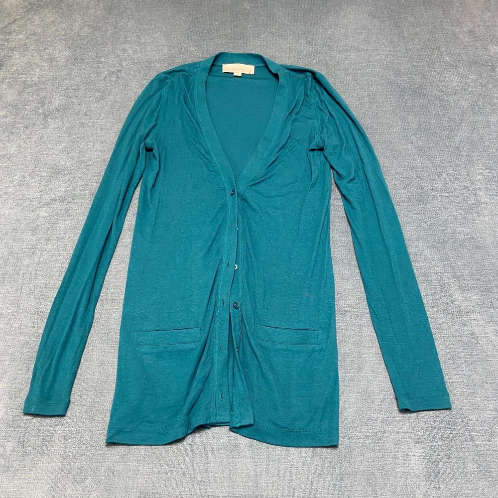 Ann Taylor Loft Cardigan Sweater Womens XS Teal Pockets V Neck Button Front